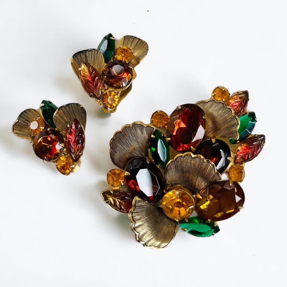 Vintage Fall Autumn Tones Rhinestone Brooch and Earrings Set Orange Green Red